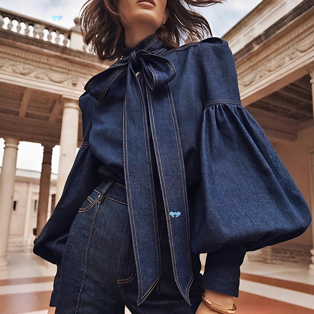 Jodie - Stylish Denim Shirt with Chic Bow